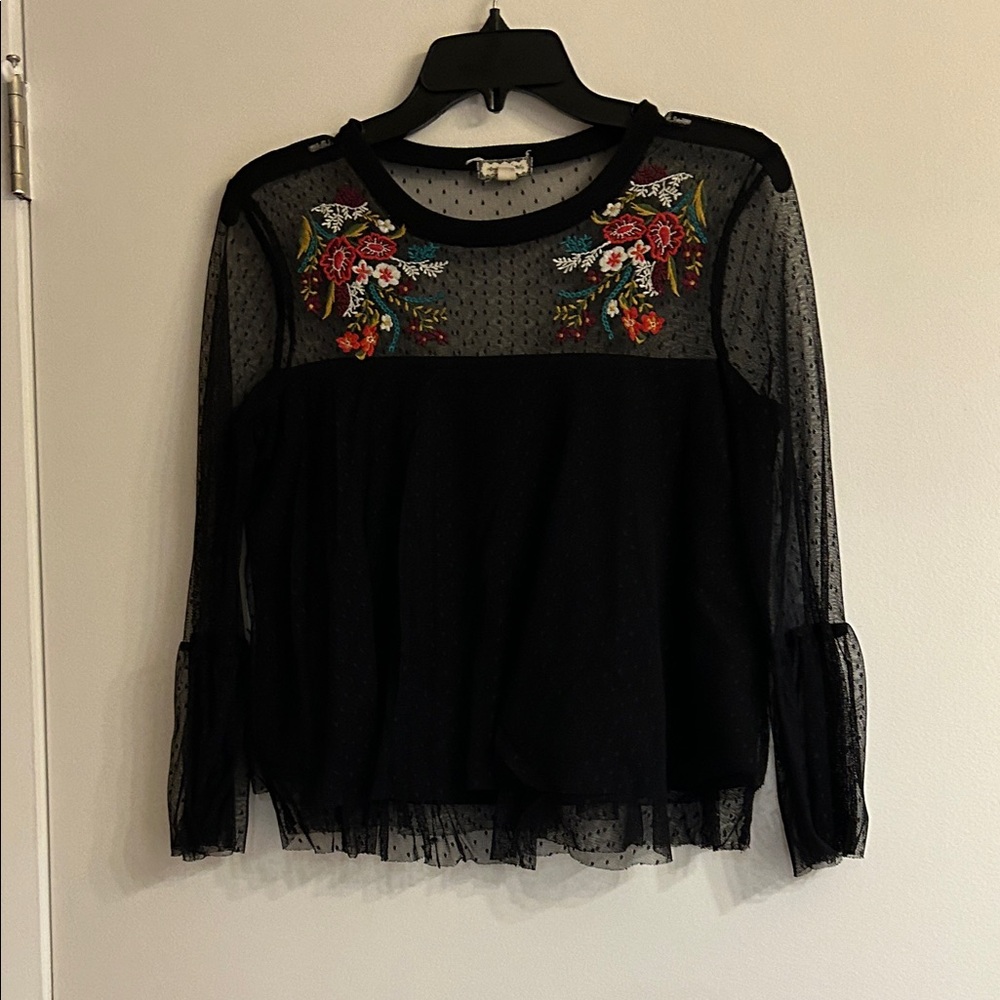Eyeshadow Black Sheer Floral Embroidered Blouse